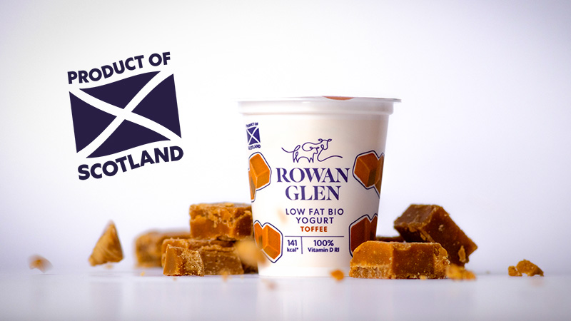 Rowan Glen Toffee Yogurt Pot surrounded by toffee / Scottish tablet (with Product of Scotland emblem.